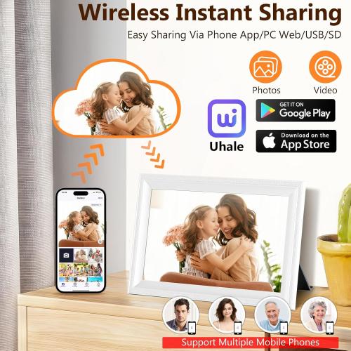 Smart White Digital Picture Frame WiFi Send Photos from Your Phone 16GB Storage 10.1inch 1280x800 IPS Touch Screen Digital Photo Frame Auto-Rotate Wall Mountable Photo Picture Frame Digital
