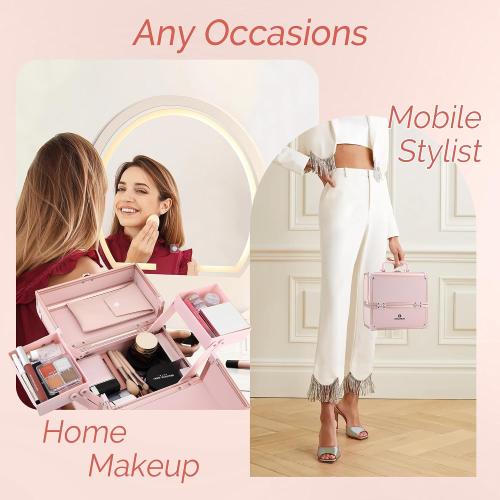 Makeup Train Case 2 Trays Makeup Box Organizer Portable Travel Makeup Case Lockable Makeup Storage Organizer Cosmetic Box for Jewelry Nail Tech Brushes Accessories Tool, Pink Pro