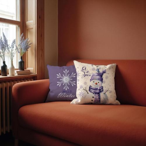 Purple Christmas Snowflake Snowman Pillow Covers 18x18 Set of 2, Winter Home Decor, Purple Hello Winter Snowman Holiday Xmas Decorative Pillow Covers for Home Living Room Bedroom