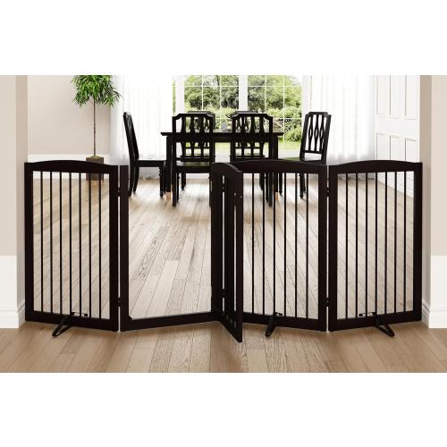 Freestanding Dog Gates with Door Walk Through, 80 inch Wide Gates Indoor, Dog Fences Indoor, Support Feet Included, 4 Panels, 32 Tall, Dark Brown