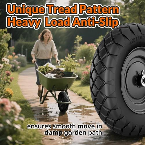 RONPOW 4.80/4.00-8 Flat Free Wheelbarrow Tire and Wheel, 16 Solid Puncture Proof Replacement Tires with 5/8 & 3/4 Bearings, 400Lbs Load, Universal Fit for Garden, Farm & Construction, 2Pack Black