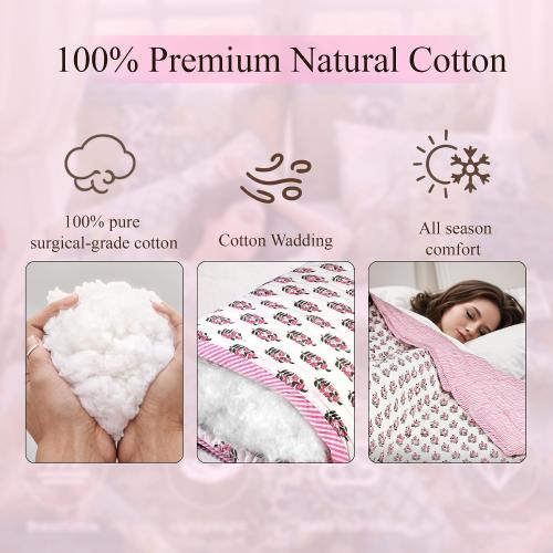 Ridhi Block Print Reversible Cozy Quilt Punch Pink Twin 60 X 90 Lightweight Blanket for Sofa, Couch, Bed Soft Breathable Comforter Handmade Bedspread Duvet for Farmhouse, Home, Winter
