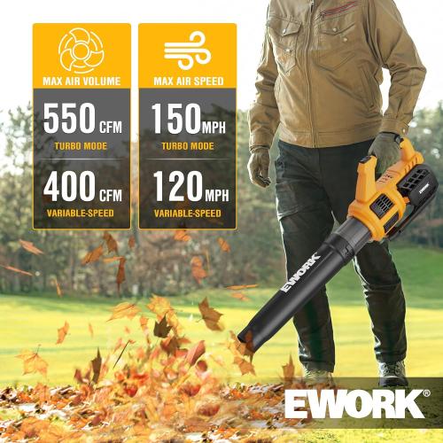 EWORK Cordless Leaf Blower, 21V Electric Handheld Blower with 2X 3.0Ah Batteries & Fast Charger, 550CFM 150MPH Lightweight 3.2Lbs for Lawn Care Yard Patio Cleaning - Yellow