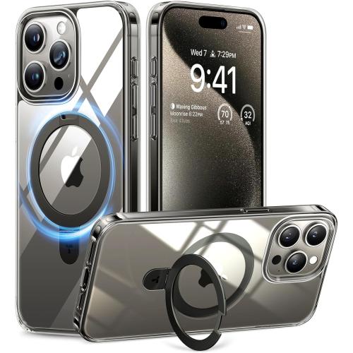 TORRAS Magnetic Ostand for iPhone 15 Pro Max Case, Military Grade Drop Tested, Compatible with MagSafe, Built in Kickstand, Clear Slim Hard Back Soft Edge 6.7 2023, Clear Grey