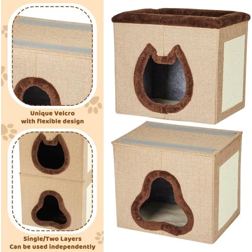 2-Tier Cat House for Indoor Cats Bed, Covered Cat Beds with Hideaway Cave and Scratch Pad, Foldable Modern Cat House for Multi Small Pet Large Kitten Kitty