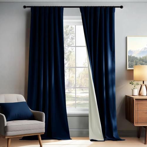PONY DANCE 100% Blackout Cutains 90 inch Length 2 Panels Set, Navy Blue Velvet Thermal Insulated Window Drapes for Bedroom, Luxury Black Out Rod Pocket Back Tab Curtains for Living Room, W52 x L90