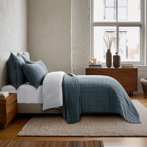 EVERGRACEHOME 100% Cotton Box Stitch Quilt Bedding Set King Size 3 Pieces, Garment-Washed Lightweight Soft Cozy Coverlet, Oversized Quilted Bedspread Sets with 2 Shams for All Season, Midnight Blue