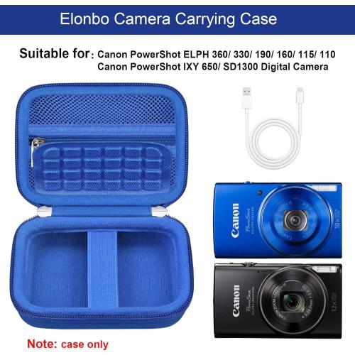 Elonbo Carrying Case for Canon PowerShot ELPH 360 HS A/ 360 HS/ 360/ IXY 650 Digital Camera, Canon PowerShot ELPH 330/190/160/115/130/110 Camera Hard Travel Bag, Mesh Pocket fits Battery Cable, Blue