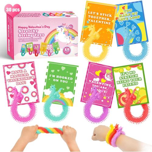30 Pack Valentine's Day Cards for Kids with Unicorn Stretchy Strings for Classroom Valentine's Gift Exchange For School, Valentine's Party Favor for Kids, Valentine's Prizes, Stress Relief Fidget Toys