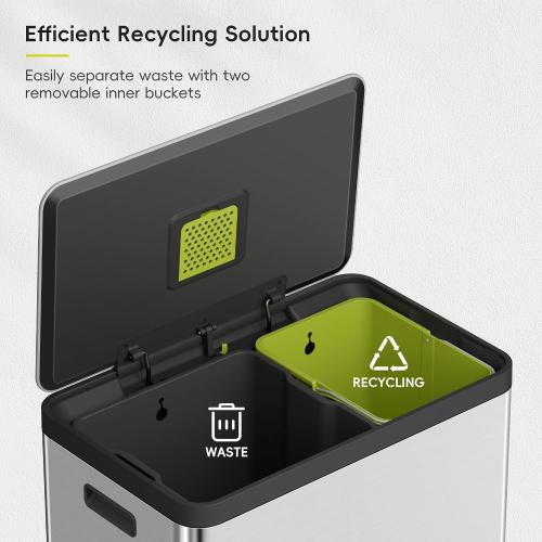 EKO EcoCasa II 36L 24L Dual Trash Can with Recycle Bin, Stainless Steel Garbage Can with Lid, Deodorizer Compartment, Odor-Proof and Fingerprint Resistant