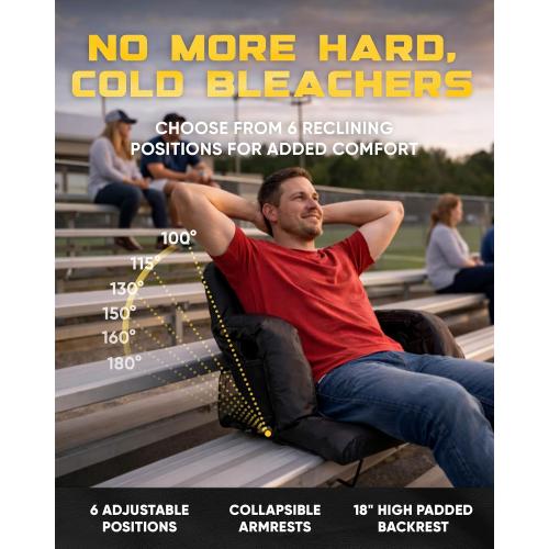 BRAWNTIDE Stadium Seat for Bleachers with Back Support - Wide Padded Reclining Bleacher Seat, Portable Folding Stadium Chair with Armrests, Hooks, Straps, Cup Holders & Pockets (Black, 23)