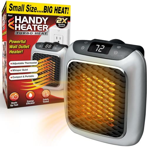 Ontel Handy Heater Turbo Wall Outlet Plug In Heater – Portable Indoor Ceramic Space Heater w/Adjustable Thermostat, 12-Hour Timer, Auto Shut Off, Quiet – Plug In Wall for Office, Bedroom, Camping