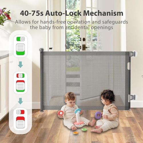 No-Drill Retractable Baby Gates for Stairs with Auto-Lock,33 Tall,Extends up to 55 Wide Mesh Baby Dog Pet Cat Gate with Double Lock for Doorways,Child Gate for Hallways Kitchen Indoor Outdoor Grey