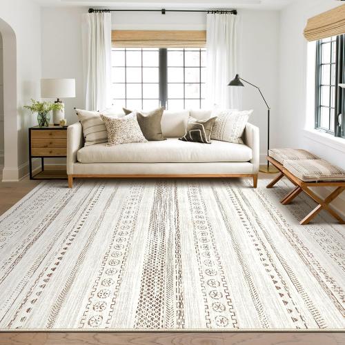 Area Rug Living Room Rugs - 5x7 Washable Boho Farmhouse Bohemian Neutral Large Moroccan Geometric Soft No Slip Indoor Rug Thin Floor Carpet for Bedroom Under Dining Table Home Office - Brown