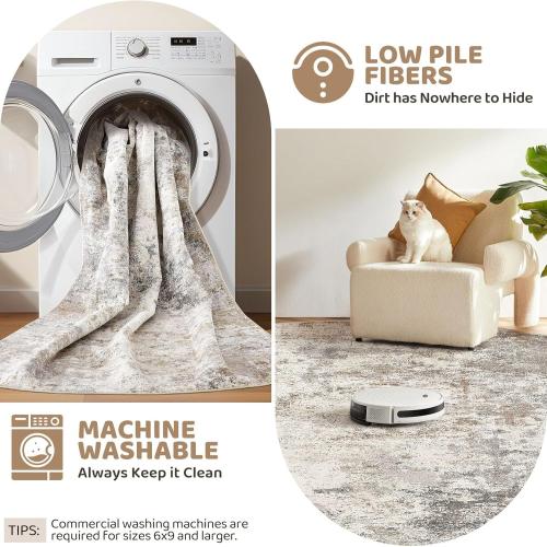 UERMEI 7x9 Area Rug Living Room Rugs - Washable Neutral Modern Abstract Soft Thin Large Rug Indoor Floor No Slip Rug Carpet for Bedroom Under Dining Table Home Office Decor - Brown Grey