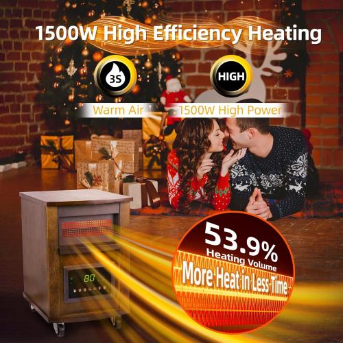 1500W Realsmart Space Infrared Heaters for Indoor Use Large room Electric Quartz Heater with Wheels LCD Display 3 Heating Modes 12H Timer Overheat Tip Over Protection Safe