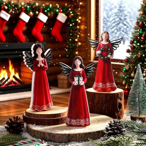 3 Pcs Christmas Angel Figurine Wooden Angel Statues Figurine Christmas Sculpted Wings with Wreath Table Decoration for Xmas Gifts Home Office Decor Party Supplies
