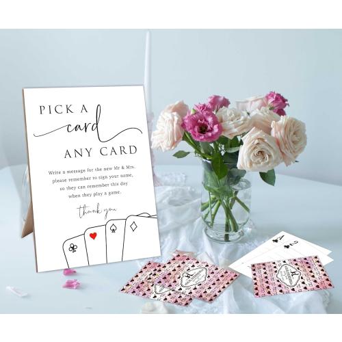 Playing Card Guest Book Signs for Wedding, Elegant Minimalist Style Wooden Sign with 55 Blank Playing Cards as Wedding Guest Book Alternative, Wedding Signs For Ceremony And Reception,Y29