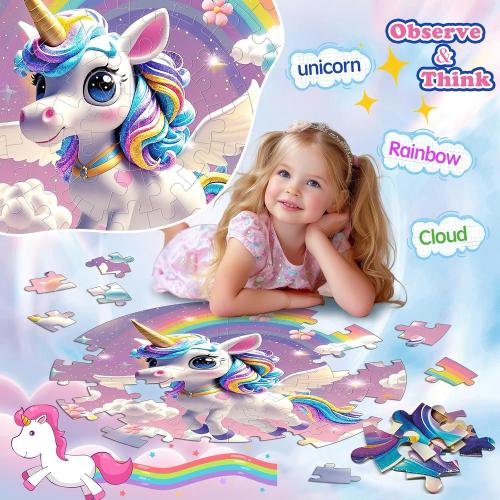 72 Pieces Shimmery Jumbo Unicorn Floor Puzzle for Girls 3-5 4-6 Age Floor Puzzles for Boys and Girls Large Round Floor Jigsaw Puzzles (Unicorn)