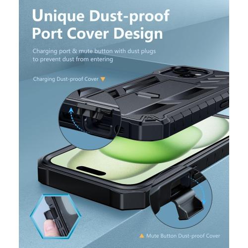 FNTCASE for iPhone 15 Phone Case: for iPhone 14 & 13 & 16e Case Military Shockproof Protective Rugged Cell Phone Cover with Kickstand & Belt-Clip Holster, Heavy Duty Hard Cases 5G - 6.1 Inch Black