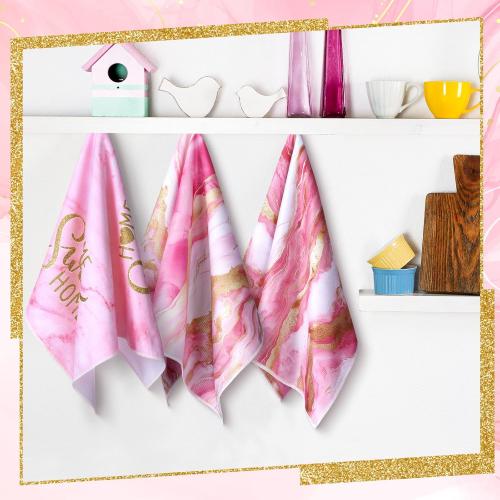 Geyoga 4 Pcs Marble Kitchen Dish Towels Pink and Gold Bathroom Hand Towels Absorbent Marble Tea Washcloths for Winter Spring Bathroom Decor Kitchen Accessories Gifts