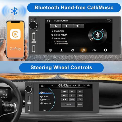 Single Din Touchscreen Radio Wireless Apple Car Play Wireless Android Auto, 6In Single Din Car Stereo with Mirror Link Bluetooth FM GPS Navigation SWC EQ