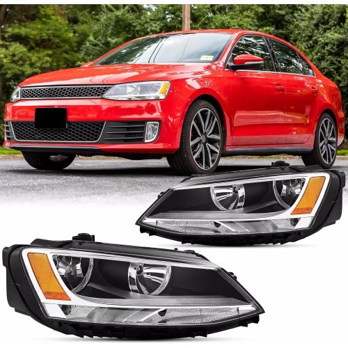Pair Headlights Assembly Set For 2011-2015 2016 2017 2018 Volkswagen Jetta(MK6) Replacement Halogen Headlamps silver Trim&Housing Amber light Reflector Left driver and Right passenger side(LH&RH)
