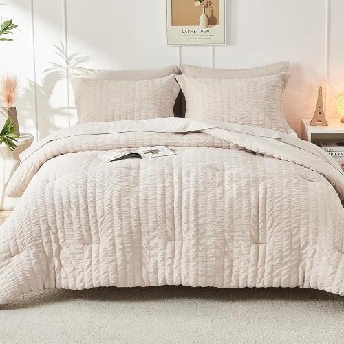 Beige HYMOKEGE Comforter Set Seersucker 7 Pieces, All Season Luxury Bed in a Bag for Bedroom, Bedding Set with Comforters, Sheets, Pillowcases & Shams