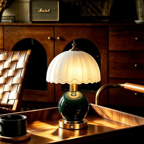 Vintage Ceramic Table Lamp, 12 Cordless Rechargeable Bedside Lamp with Stepless Touch Dimming, Emerald Green Modern Desk Light for Living Room, Bedroom, and Office Decor