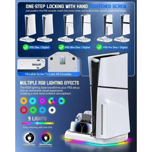 Cooling Station with Controller Charger for PS5/Slim/Pro, PlayStation 5 Vertical Stand for Disc & Digital Console, Dual PS 5 Controller Charging Station with 3 Level Cooling PlayStation 4 Chargers