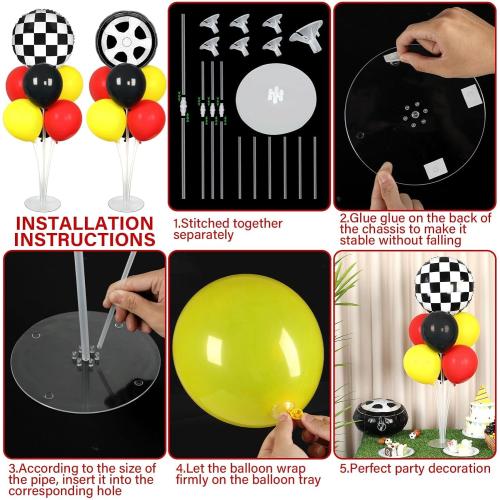 2 Pack Red Yellow and Black Race Car Party Balloons Stand Kit 2 Sets With 2 Checkered Foil Balloon Racing car Party Balloon Red Black Yellow Race Car Birthday Party Decor Set For Boys Let's go Racing New Year Party Decorations
