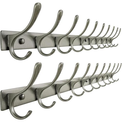 SKOLOO Coat Rack Wall Mounted - 10 Hooks, Pack of 2, Heavy Duty, Stainless Steel, Metal Wall Hangers, Sturdy Coat Hooks for Hanging Coats, Jacket, Clothes, Hat, Matte Grey