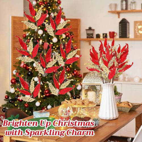 HyDren 10 Pcs Christmas Glitter Leaves Large Ornaments for Christmas Tree Picks Sprays Artificial Stems Branches Twigs Sprigs Floral for Xmas Tree Wreath Garland Vase DIY Decor(Red and Gold)