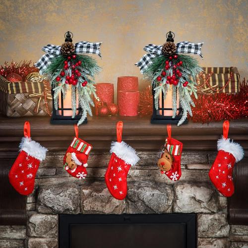 Christmas Decorative Lantern w/LED Flickering Flameless Candle - 14 Inch, Antiqued Vintage Lantern with Xmas Ornament for Outside Indoor Table Holiday Party Decorations