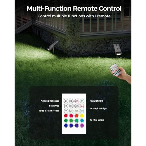 RGB Christmas Solar Spot Lights Outdoor, 12 RGB Color Modes Landscape Light Waterproof IP67 with Remote Control, 2-in-1 Color Changing RGB/Cool/Warm White for Yard Garden Garden (6 Pack)