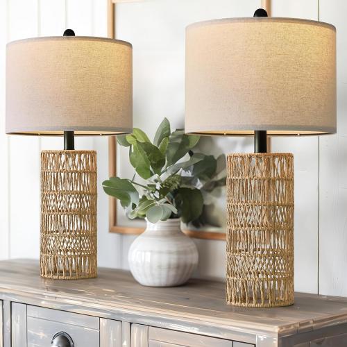OYEARS 22.5 Boho Table Lamps Set of 2 for Living Room, Bedside Lamp for Nightstands, Rattan Lamp for Bedroom, Farmhouse Table Lamp for Room Decor, End Table, Retro, Brown（Not Include Bulbs）