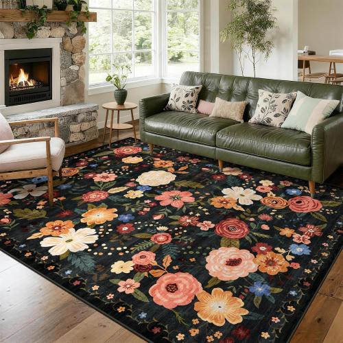8x10 Washable Area Rug for Living Room, Floral Non-Slip Non-Shedding & Easy Care Black Green Large Soft Low Pile Indoor Floor Carpet for Living Room Bedroom Farmhouse Dining Room Kids Playroom