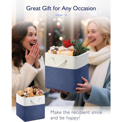 11 Inch Cube Storage Bins, 6 Pack Fabric Storage Cubes with Rope Handles, Organizer Baskets for Closet Shelves, Clothes and Home Organization(White/Blue)