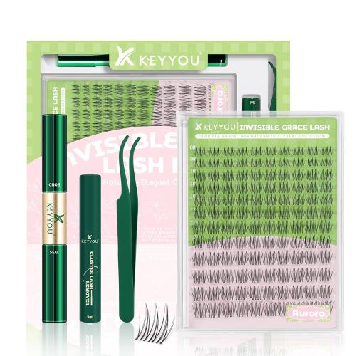 KEYYOU Natural Lash Clusters Kit Aurora Wispy Lash Extension Kit C Curl | Untra-Thin 0.03mm Clear Band,Poke-Free Comfort, Featherlight Fibers, Seamless Mascara Look,Eyelash extension Kit,8-16mm