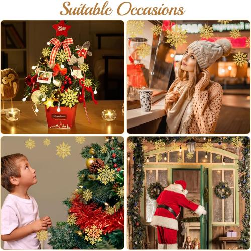 46 Pcs Gold Glitter Snowflake Ornaments Various Size Plastic Winter Snowflakes Ornaments Christmas Tree Decorations with Gold Rope for Winter Wonderland Christmas Tree Window Door Accessories