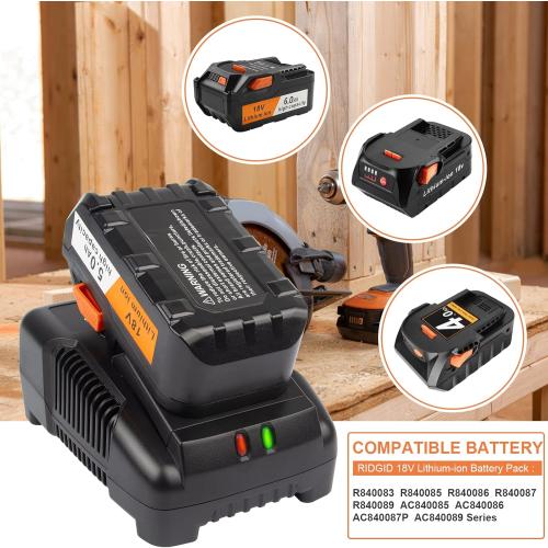 Black 18V R86092 Fast Charger Lithium Battery Charger for RIDGID Tools 18V Battery R840083, R840085, R840086, R840087, AC840085, AC840086, AC840087P AC840089 etc.