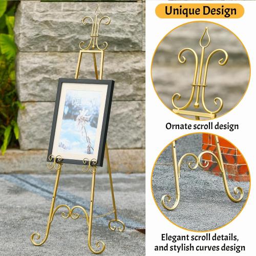 20L x 26.75W x 56.5H Large Easel Stand for Display, Adjustable Heigh Metal Gold Easel Stand with Chain Support, Heavy Duty Easel for Mirror, Sign, Wedding, Picture Frame. (No Installation Required)