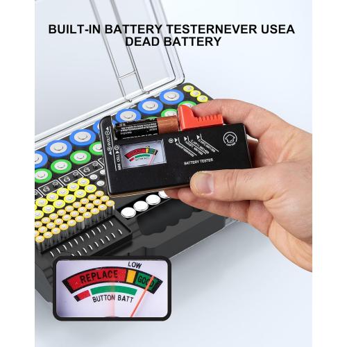 Battery Organizer Storage Holder Box Case with Tester, Ultra-Large 280  Batteries Double-Sided Variety Pack,Holds AA AAA 4A C D Cell 9V 3V Lithium18650 LR44 CR2 CR123 CR1632 - Black
