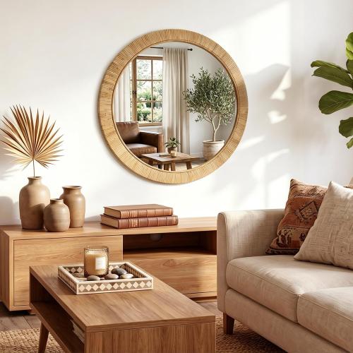 26x26 inch Large Round Rattan Mirror for Wall, Boho Decorative Wicker Mirror Waterproof Synthetic Rattan Frame, for Bathroom, Bedroom, Living Room, Entryway
