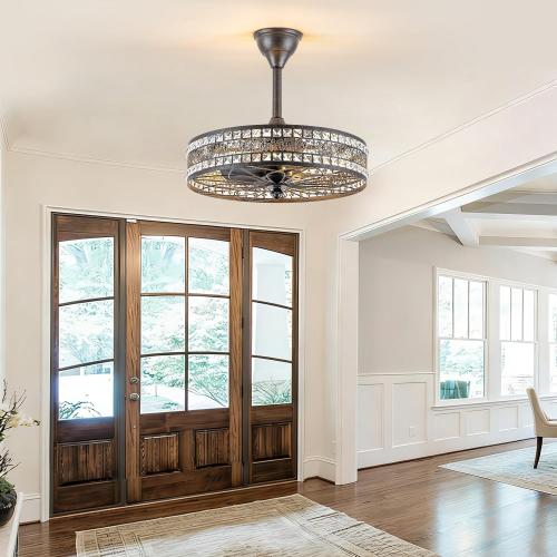 Antique Bronze Chandelier Ceiling Fan with Light,Crystal Caged Fandelier | 21 Inch Vintage Victorian Ornate Bladeless Enclosed Drum Light Fixture For Bedroom,Home office, Kicthen Island, Living Room