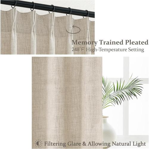 Pinch Pleat Semi Sheer Curtains 84 Inches Long for Bedroom,Elegant Natural Beige Faux Linen Light Filtering Heat Textured Curtains 2 Panels Set with Track Hooks/Rings for Living Room Windows W40 xL84