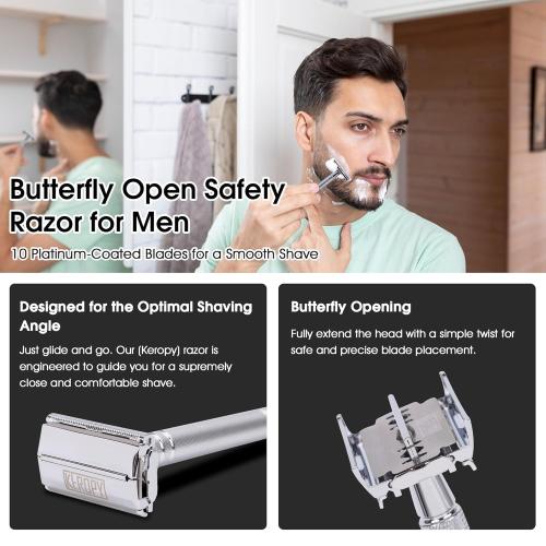 Double Edge Safety Razor with 10 Disposable Blades - Single blade double edge razor for men - Metal razor with Long Handle for close shave - Classic Clean Shave Single blade razor