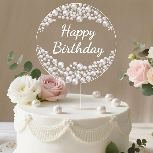 Coucoland Birthday Cake Topper - Round Acrylic Cake Decor with Sparkling Rhinestones and Pearls for Party Supplies