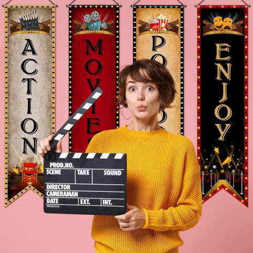 Blulu 4 Pcs Movie Night Porch Sign Banner Movie Theme Party Decoration Now Showing Banner Theater Night Popcorn Enjoy Action Hanging Porch Sign for Home Camera Film Backdrop Party Supples