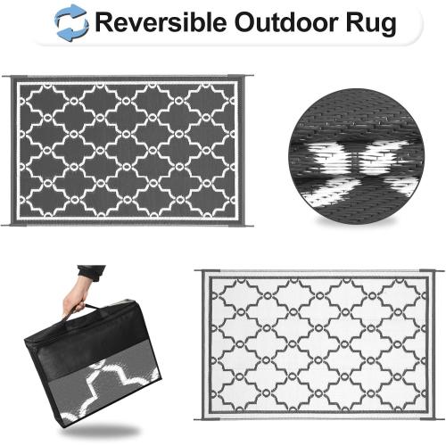 OutdoorLines Outdoor Reversible Rugs for Patio 4x6 ft - Outside Plastic Carpet, Stain & UV Resistant Portable RV Mat, Straw Rug for Camping, Backyard, Deck, Picnic, Porch Moroccan Gray & White